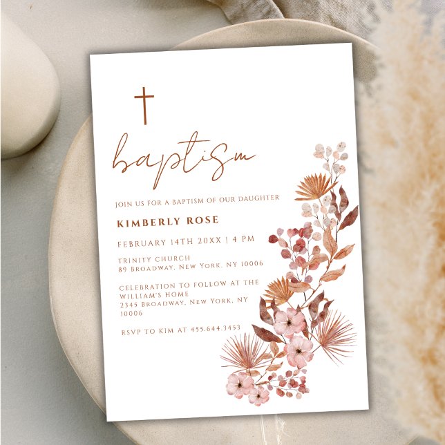 Invitation Petit Fleur sauvage Boho Terracotta Baptême (Little Wildflower Boho Terracotta Baptism Invitation)