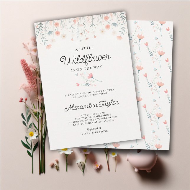 Invitation Petit Fleur sauvage Corail minuscule Turquoise béb (little wildflower baby girl shower invitation cottage garden watercolor pink teal pastel tiny flower)