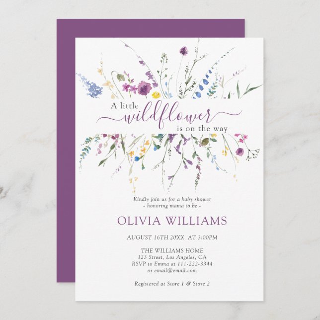 Invitation Petit Fleur sauvage Meadow Purple Lilac Baby showe (Devant / Derrière)