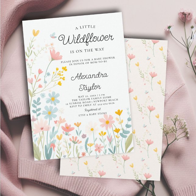 Invitation Petit Fleur sauvage Minuscule Whimsical Baby Girl  (little wildflower on way baby girl shower invitation cottage garden whimsical yellow peach pastel)