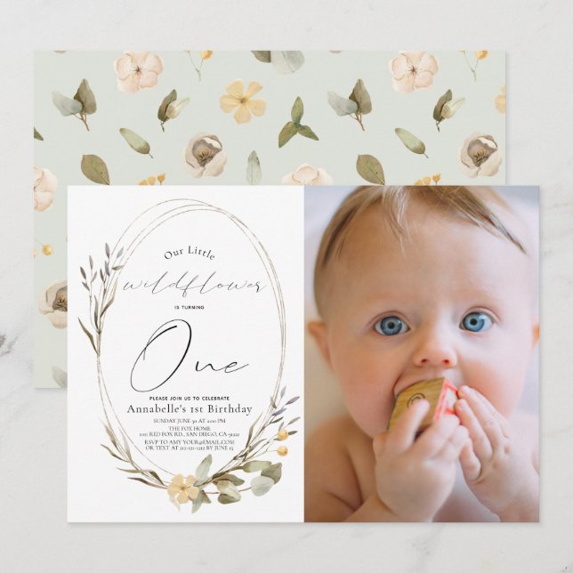 Invitation Petit Fleur sauvage Oval Girl 1er anniversaire Pho (Devant / Derrière)