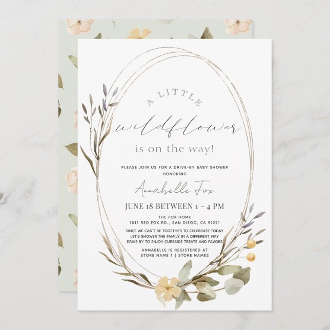 Invitation Petit Fleur sauvage Oval Girl Baby shower Drive-by (Devant / Derrière)
