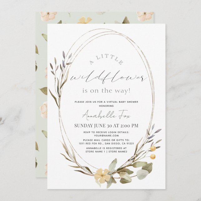Invitation Petit Fleur sauvage Oval Girl Baby shower virtuel (Devant / Derrière)