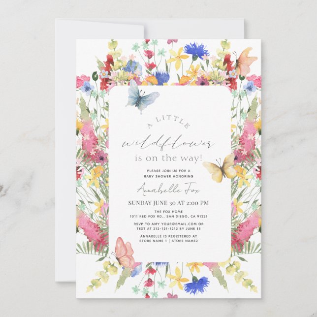 Invitation Petit Fleur sauvage Papillon Baby shower fille (Devant)