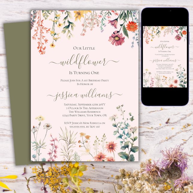 Invitation Petit Fleur sauvage qui tourne un joli 1er anniver (Créateur téléchargé)