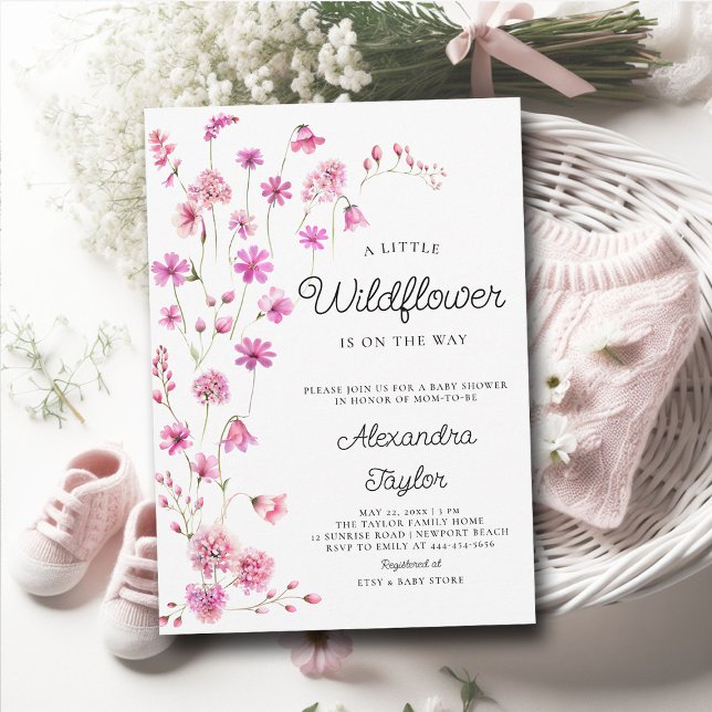 Invitation Petit Fleur sauvage Rose Whimsical Baby Girl Douch (little wildflower baby girl shower invitation cottage garden watercolor pink fuchsia boho chic tiny)