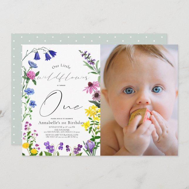 Invitation Petit Fleur sauvage Script 1er anniversaire Photo (Devant / Derrière)