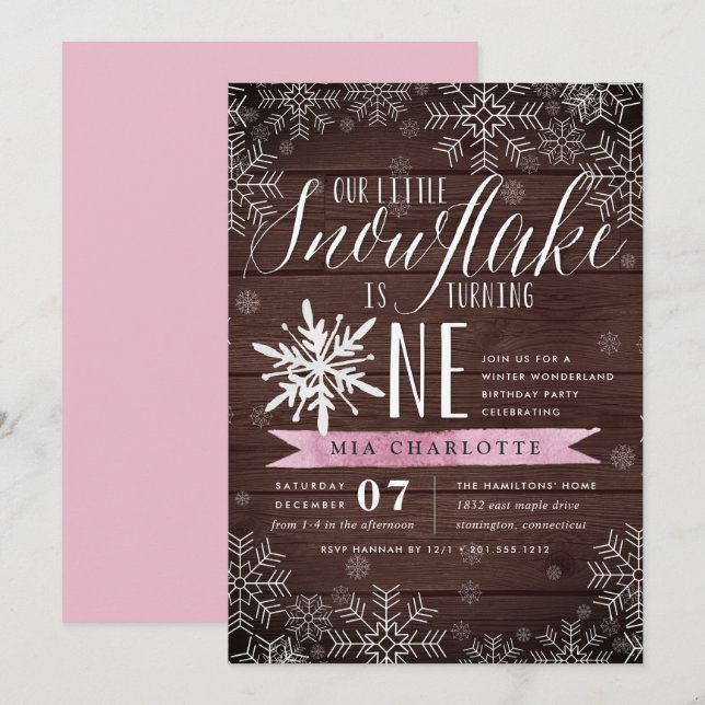 Invitation Petit Flocon de neige rose Bois rustique Premier a (Devant / Derrière)
