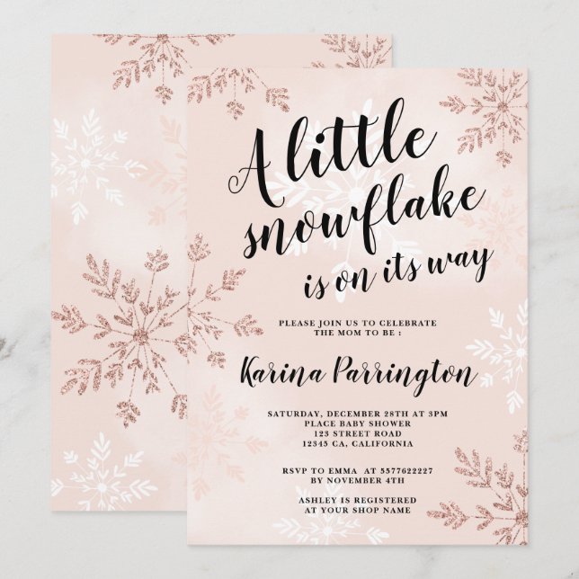 Invitation Petit flocon de neige rose or rose script baby sho (Devant / Derrière)
