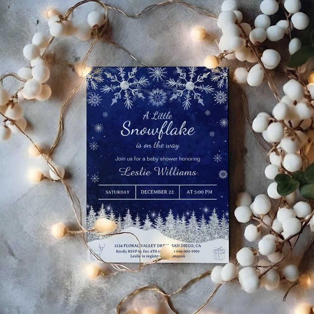 Invitation Petit flocon de neige sur le chemin du Baby shower (A little snowflake is on the way winter navy blue baby shower invitation)