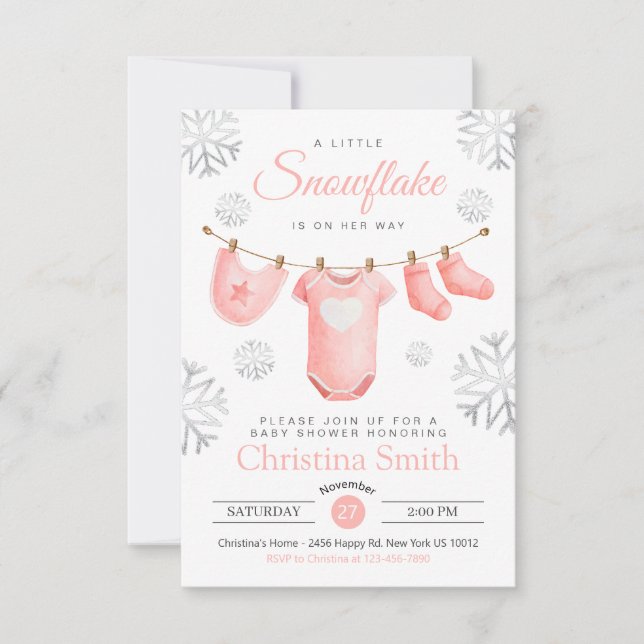 Invitation Petit Flocon De Neige Sur Le Chemin Pink Baby Girl (Devant)