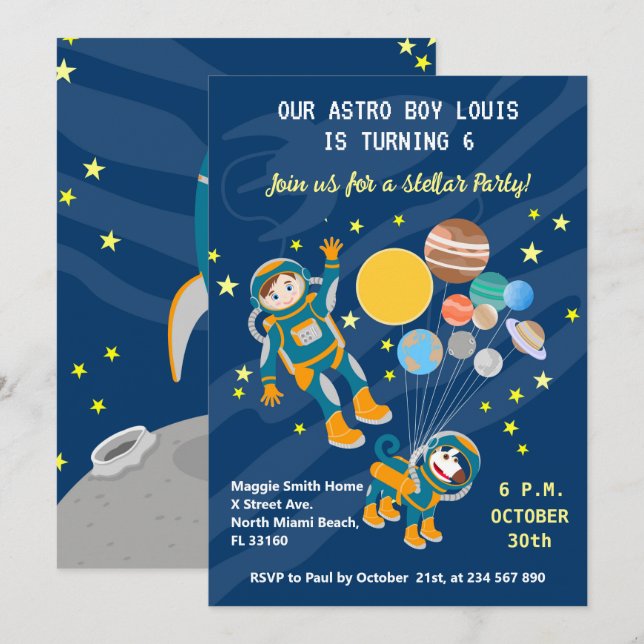 Invitation Petit garçon astronaute rêve d'anniversaire (Devant / Derrière)