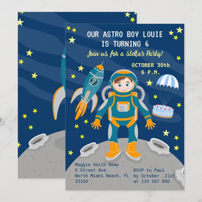 Invitation Petit garçon astronaute rêve de fête d'anniversair (Devant / Derrière)