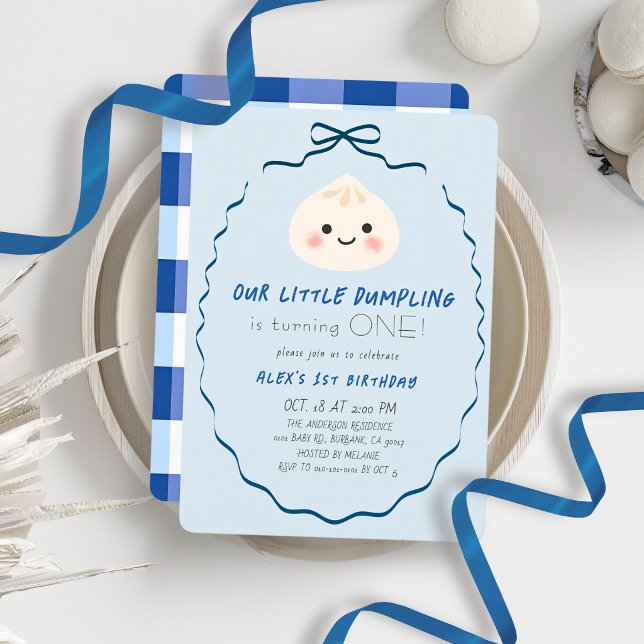 Invitation Petit garçon au noeud bleu Dumpling 1er anniversai (Créateur téléchargé)