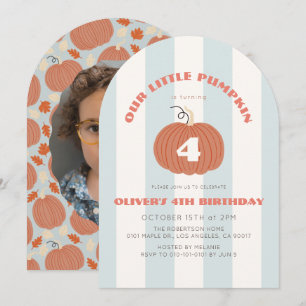 Invitation Petit Garçon Citrouille Rayures Bleues Photo Anniv