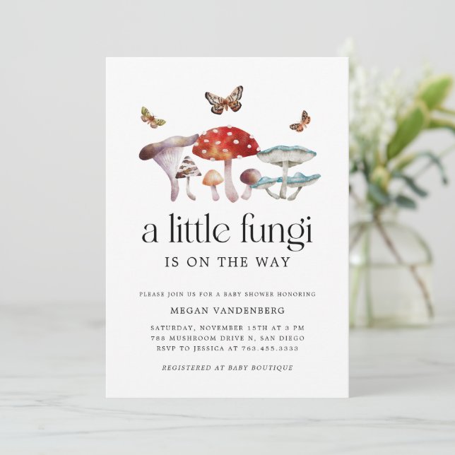 Invitation Petit Garçon Fungi Baby Shower Champignon (Debout devant)