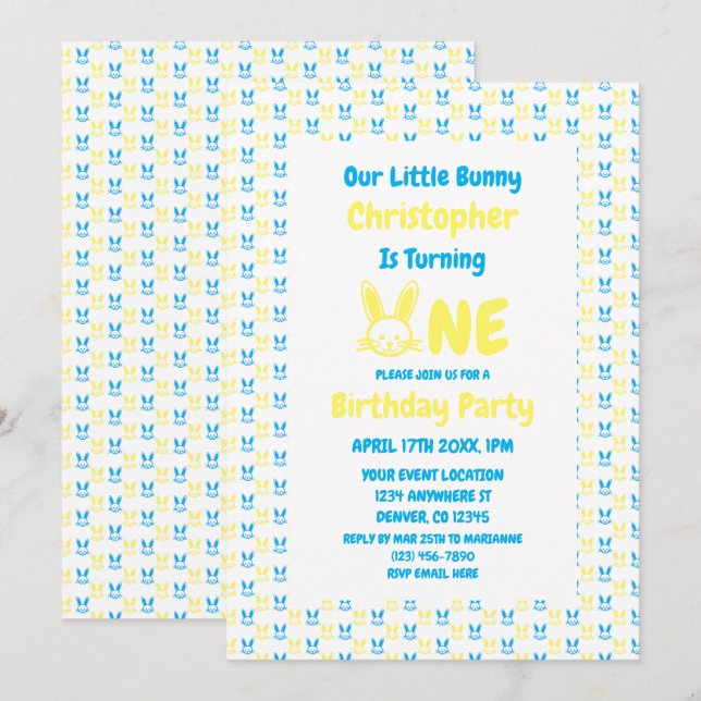 Invitation Petit garçon lapin 1er anniversaire (Devant / Derrière)