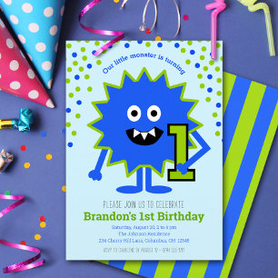 Invitation Petit garçon monstre bleu 1er anniversaire Mignon