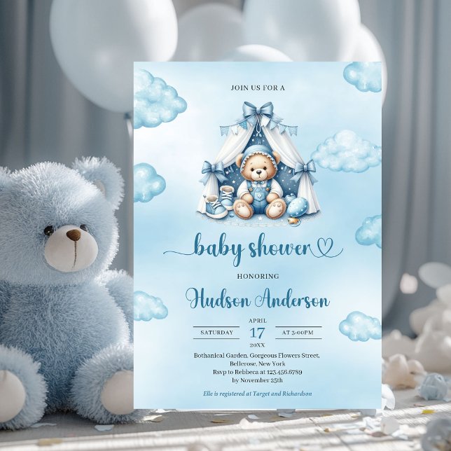 Invitation Petit garçon ours en peluche dans la tente bleu br (cute teddy bear in a tent boy baby shower invitation)