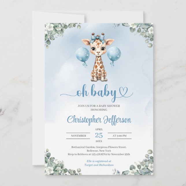 Invitation Petit garçon petit girafe baby shower eucalyptus (Devant)