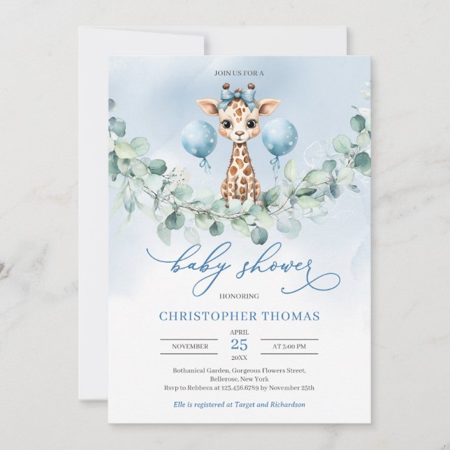 Invitation Petit garçon petit girafe baby shower eucalyptus (Devant)