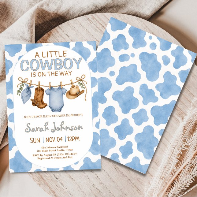 Invitation Petit garçon vacher bleu Impression de vache Baby  (Créateur téléchargé)