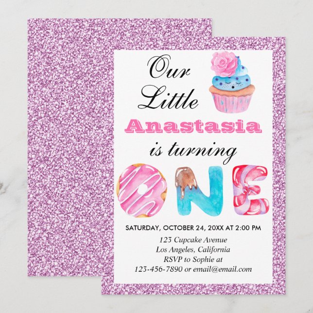 Invitation Petit Gâteau Rose Lilas Paillettes 1er Anniversair (Devant / Derrière)