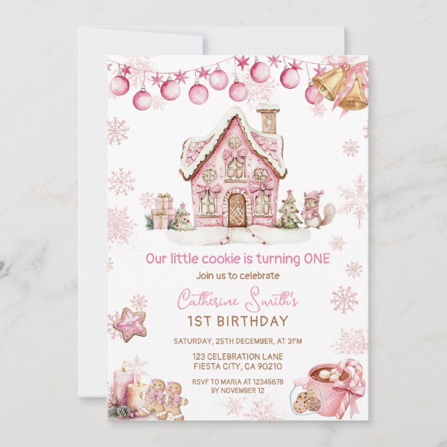 Invitation Petit gâteau rose Noël 1er anniversaire  (Devant)