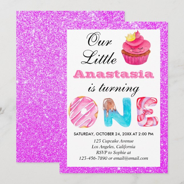 Invitation Petit Gâteau Violet Pailleté 1er Anniversaire (Devant / Derrière)