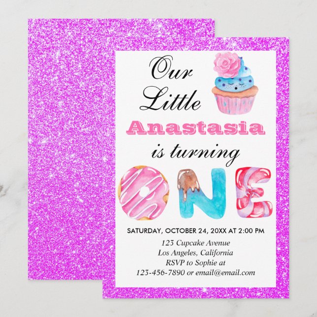 Invitation Petit Gâteau Violet Pailleté 1er Anniversaire (Devant / Derrière)