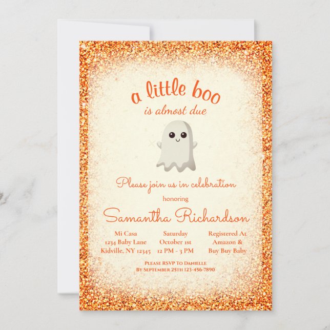 Invitation Petit Halloween Ghost Little Boo Baby shower Orang (Devant)