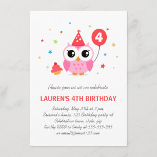 Invitation Petit hibou de la fête avec anniversaire de ballon