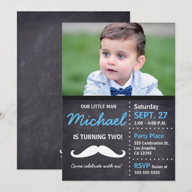 Invitation Petit Homme Anniversaire Photo Moustache (Devant / Derrière)