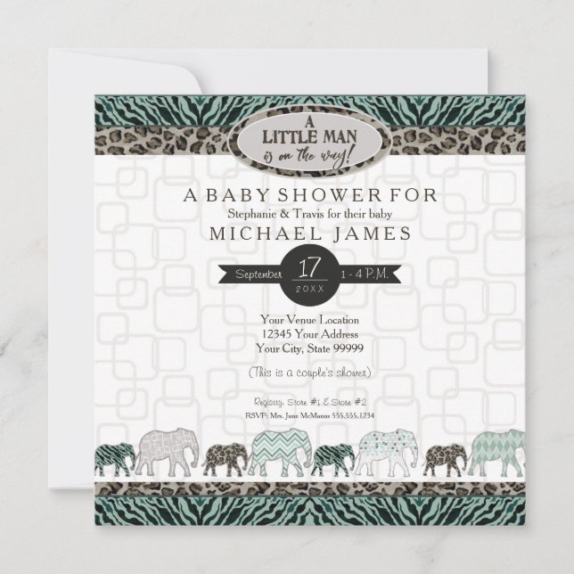 Invitation Petit Homme Baby Boy Safari Elephants Zebra Douche (Devant)