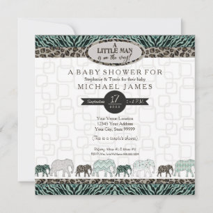 Invitation Petit Homme Baby Boy Safari Elephants Zebra Douche