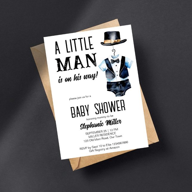 Invitation Petit homme baby shower noir tuxedo et un casquett (Little man baby shower template invitation digital download black baby tuxedo bodysuit a black hat)