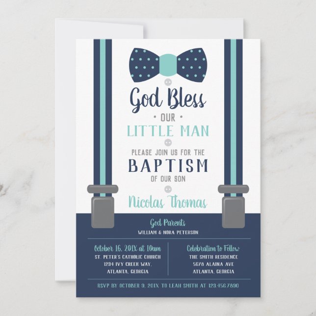 Invitation Petit Homme Baptême Invitation, Marine, Turquoise (Devant)