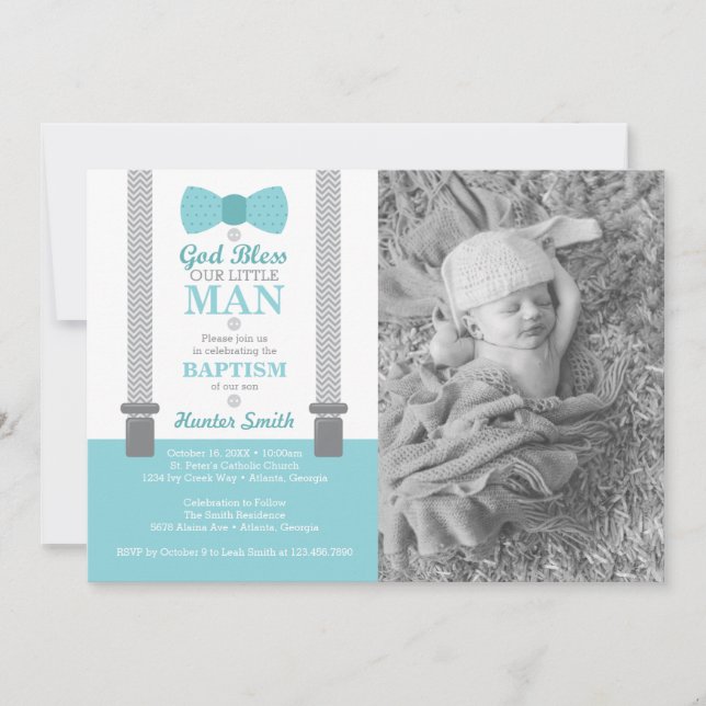 Invitation Petit Homme Baptême Photo Invitation, Aqua, Grey (Devant)