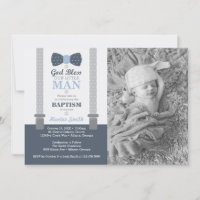 Petit Homme Baptême Photo Invitation, Bleu, Gris