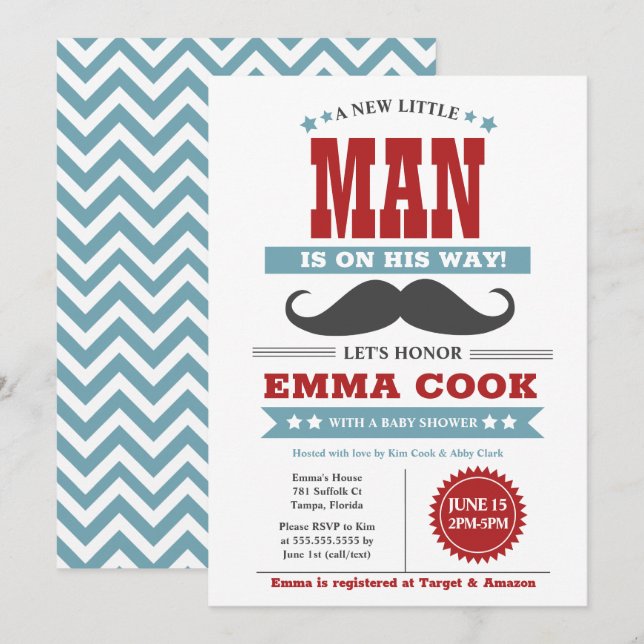 Invitation Petit Homme Mustache Bash Boy Baby shower (Devant / Derrière)