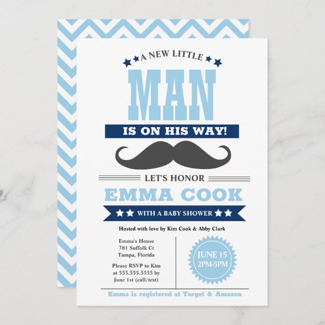 Invitation Petit Homme Mustache Bash Boy Baby shower (Devant / Derrière)