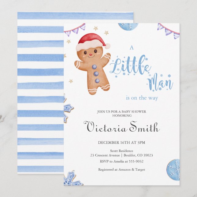Invitation Petit homme pain d'épices Noël Baby shower garçon (Devant / Derrière)