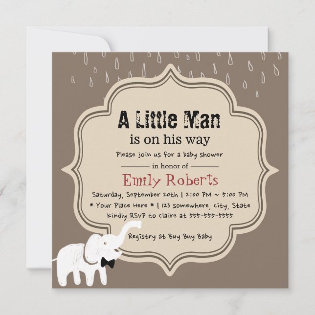 Invitation Petit Homme Sombre, Eléphant, Baby shower (Devant)