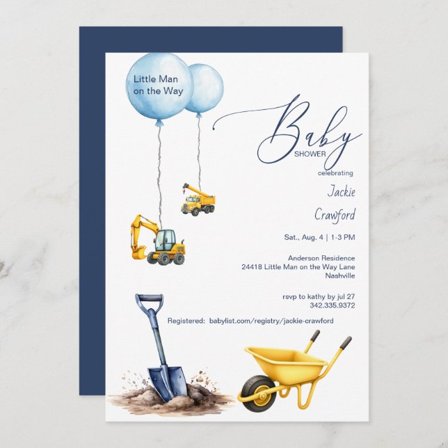 Invitation Petit homme sur le chemin Baby shower de construct (Devant / Derrière)