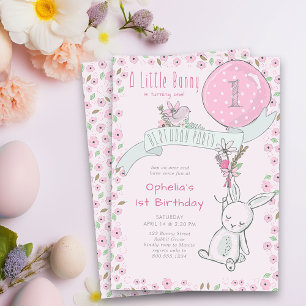 Invitation Petit Lapin avec Ballon Anniversaire Fille Tout Âg