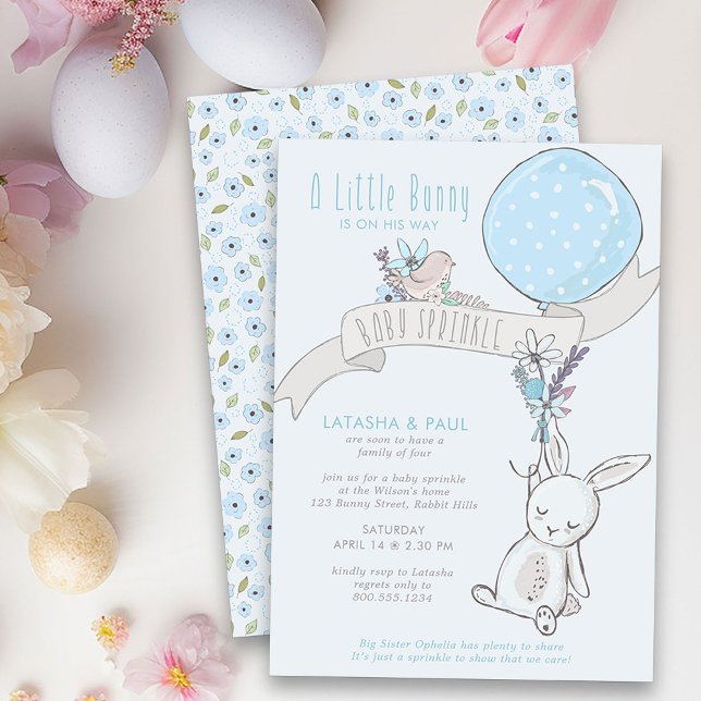 Invitation Petit lapin avec ballon Mignon garçon bébé Sprinkl (Boy Baby Sprinkle Invitation from my Little Bunny & Balloon Baby Shower collection)