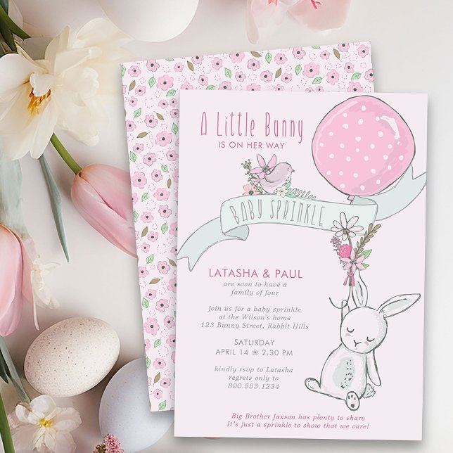 Invitation Petit Lapin avec Ballon Mignonne Fille Bébé Sprink (Girl Baby Sprinkle Invitation from my Little Bunny & Balloon Baby Shower collection)