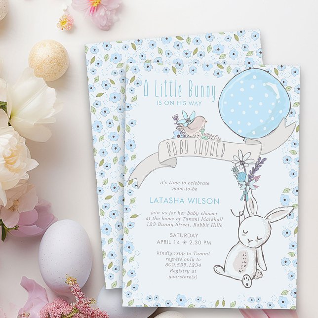 Invitation Petit lapin avec Balloon Cute Boy Baby shower (Boy Baby Shower Invitation from my Little Bunny & Balloon Baby Shower collection)