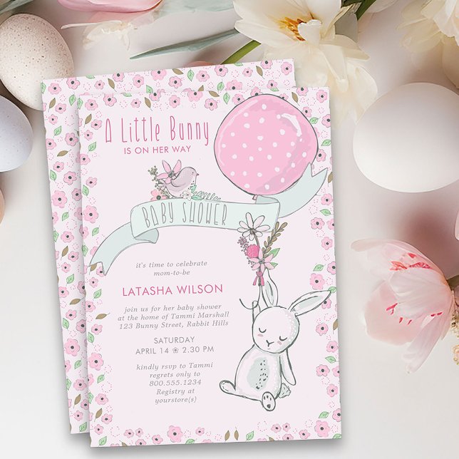 Invitation Petit lapin avec Balloon mignon fille Baby shower (Girl Baby Shower Invitation from my Little Bunny & Balloon Baby Shower collection)