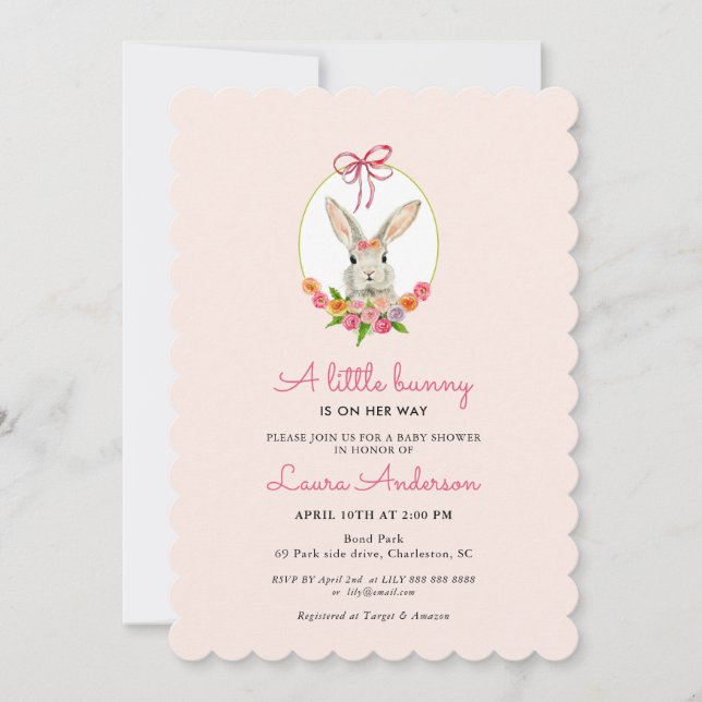 Invitation Petit lapin Baby shower fille rose (Devant)